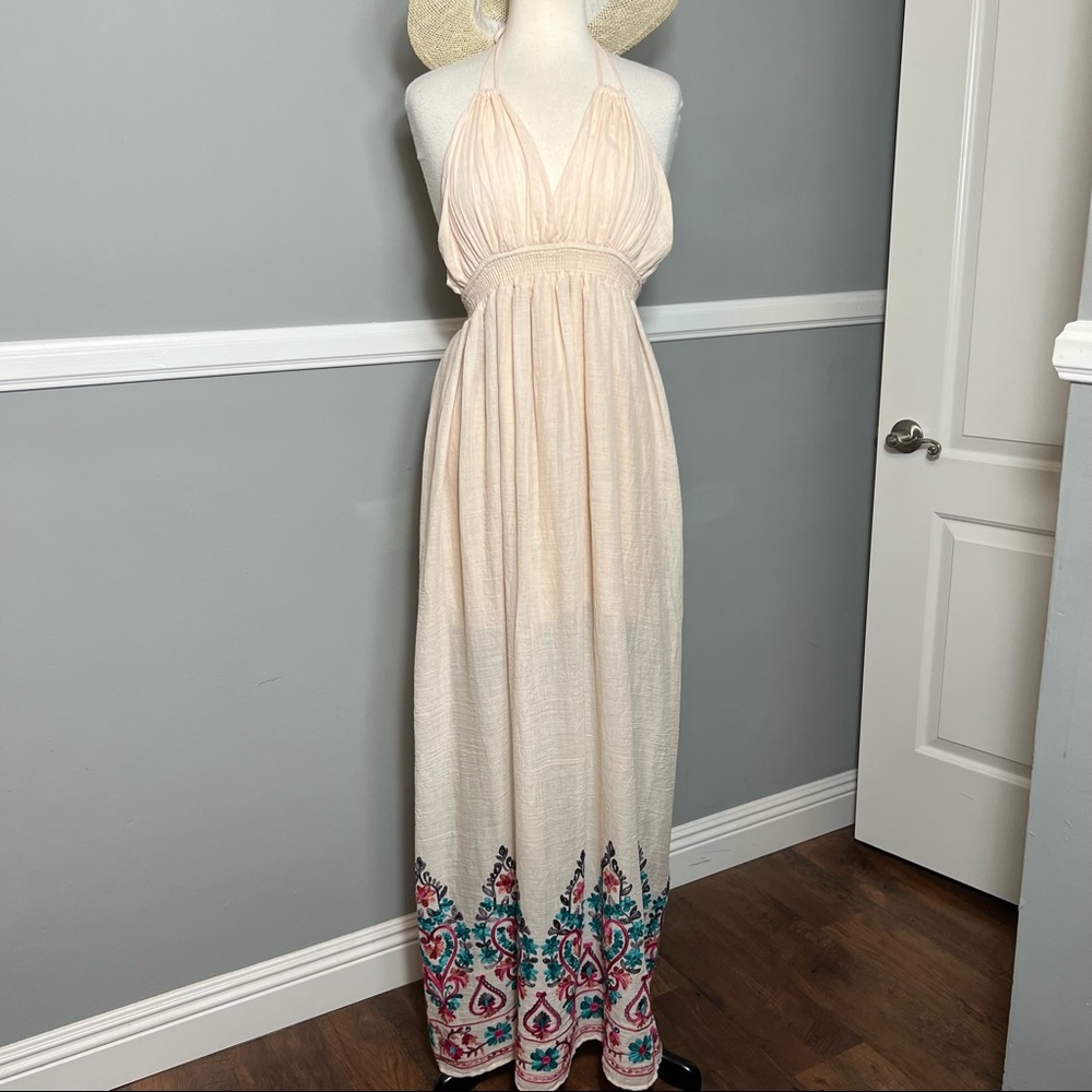 Boho long Sheer Embroidered halter Dress.